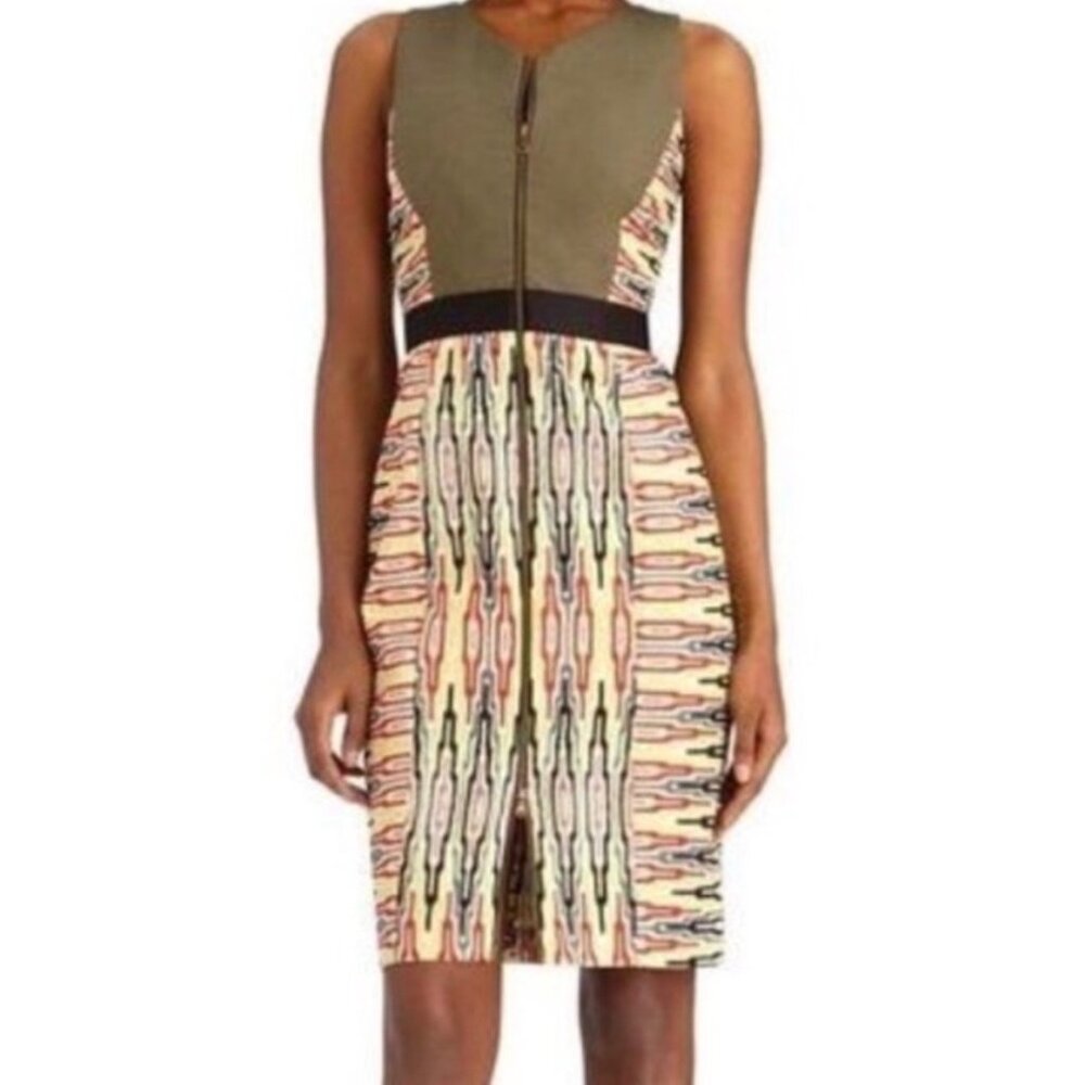 Rachel Roy Green Batik Tribal Aztec Print‎ Sleeveless Fitted Sheath Dress Size 0